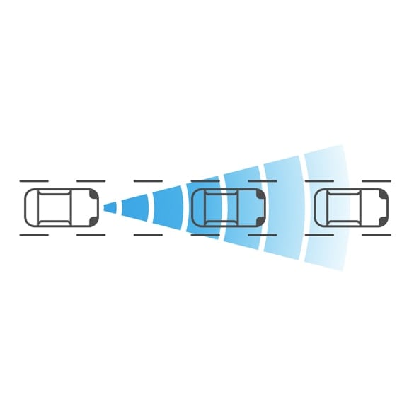 Graphique de trois véhicules roulant en ligne droite. Le dernier véhicule de la ligne a un cône bleu en éventail démontrant l’avertissement de risque de collision frontale.