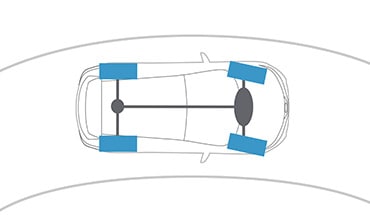 Illustration en plongée du Nissan Qashqai 2023 montrant les roues avant engagées dans un virage avec la traction intégrale intelligente