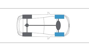 Illustration en plongée du Nissan Qashqai 2023 montrant les roues avant engagées avec la traction intégrale intelligente