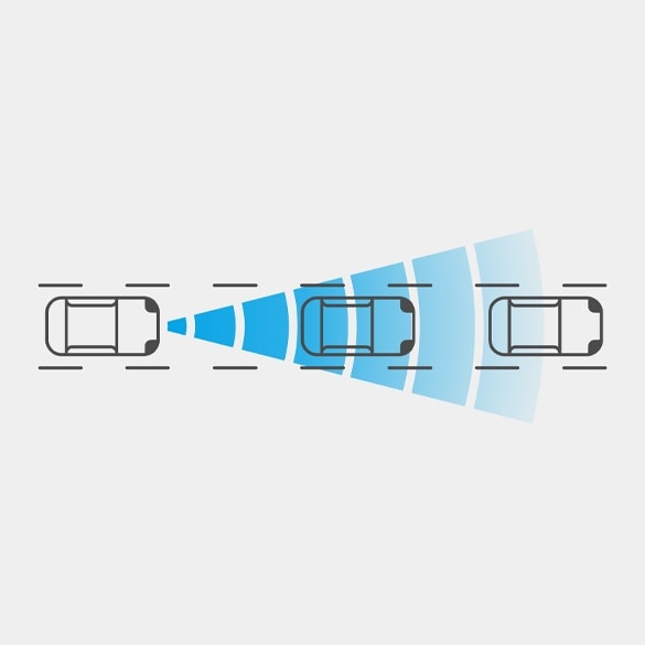 Graphique de trois véhicules circulant en fil pour faire la démonstration de l’avertissement de collision frontale intelligent de la Nissan Z 2024.