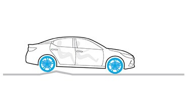 Illustration du contrôle actif de la suspension de la Nissan Altima montré avec des jantes bleues roulant sur un dos d’âne