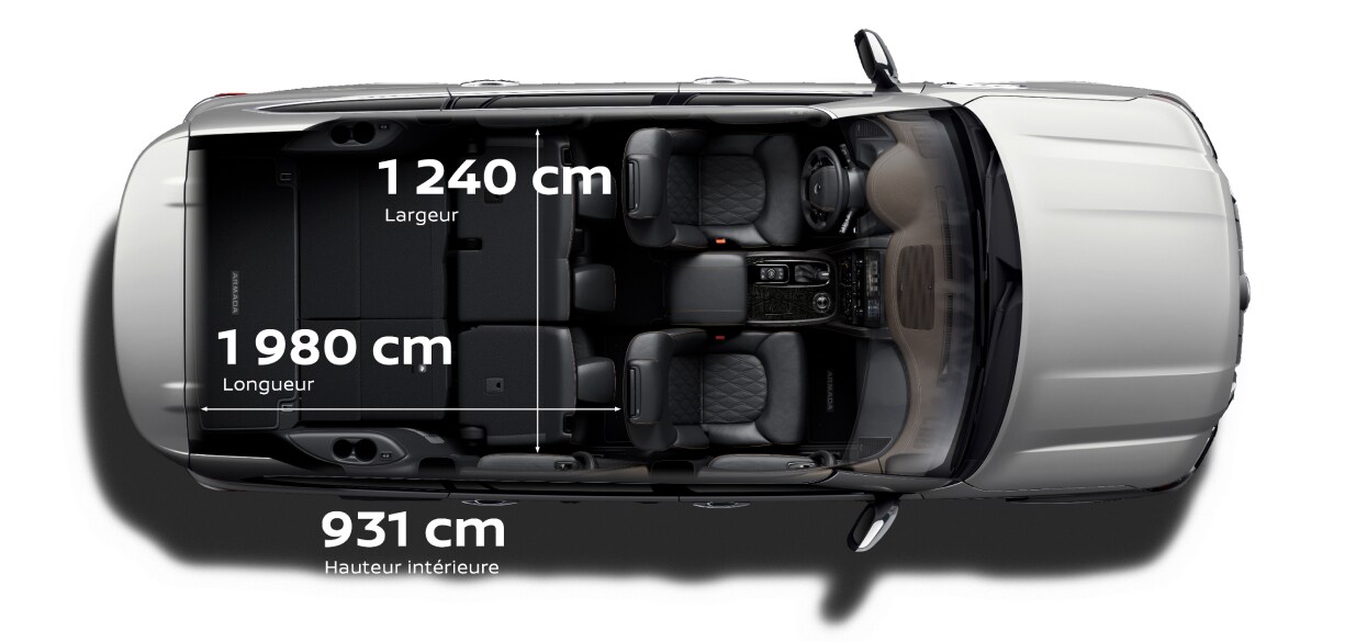 Vue de haut du Nissan Armada 2023 avec découpe du toit pour illustrer les dimensions intérieures de charge utile.