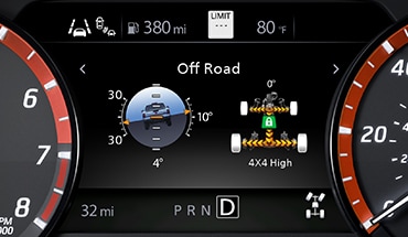 Écran des indicateurs du Nissan Frontier 2023 affichant les indicateurs pour la conduite hors route.