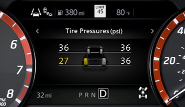 Écran des indicateurs du Nissan Frontier 2023 affichant le moniteur de pression des pneus en temps réel.