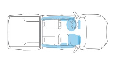 Illustration en plongée du placement des coussins gonflables du Nissan Frontier 2023.