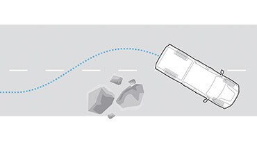 Illustration en plongée de la répartition électronique de la force de freinage du Nissan Frontier 2023 utilisée pour éviter les cailloux sur la route.