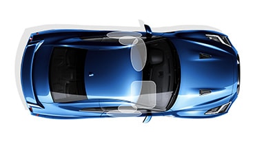 Nissan GT-R vue d’en haut avec coussins gonflables illustrés à l’intérieur. 