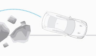 Illustration de la Nissan GT-R manœuvrant autour d’un tas de pierres avec le système de freinage antiblocage. 