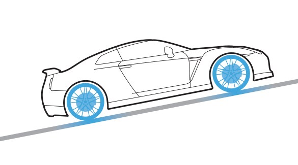Illustration de la Nissan GT-R utilisant l’assistance au démarrage en pente.