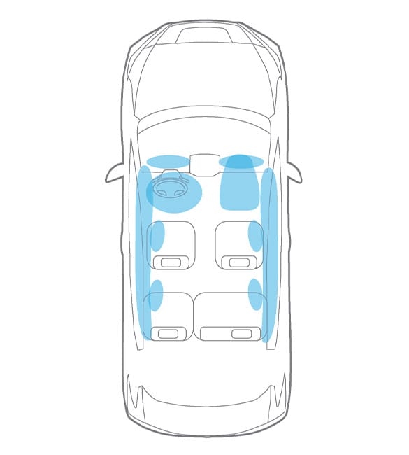 Illustration de l’emplacement des 10 coussins gonflables de la Nissan LEAF 2023