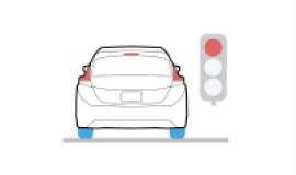 Illustration de la Nissan LEAF 2024 à un feu de circulation utilisant le frein de stationnement électronique avec maintien automatique du freinage