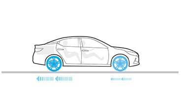 Illustration de la Nissan Maxima 2023 montrant la technologie d’assistance au freinage s’arrêtant en douceur.