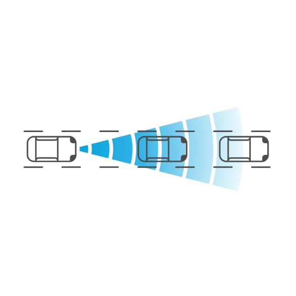 Dessin au trait de trois véhicules circulant en ligne les uns derrière les autres. Le véhicule le plus à l’arrière a un cône bleu sortant de l’avant pour illustrer l’avertissement de risque de collision frontale.