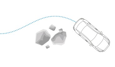 Illustration de la Nissan Sentra 2022 évitant des roches à l’aide du système de freinage antiblocage