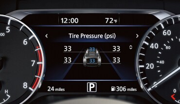 Écran d’aide à la conduite de 178 mm (7 po) de la Nissan Sentra 2023 illustrant le moniteur de pression des pneus