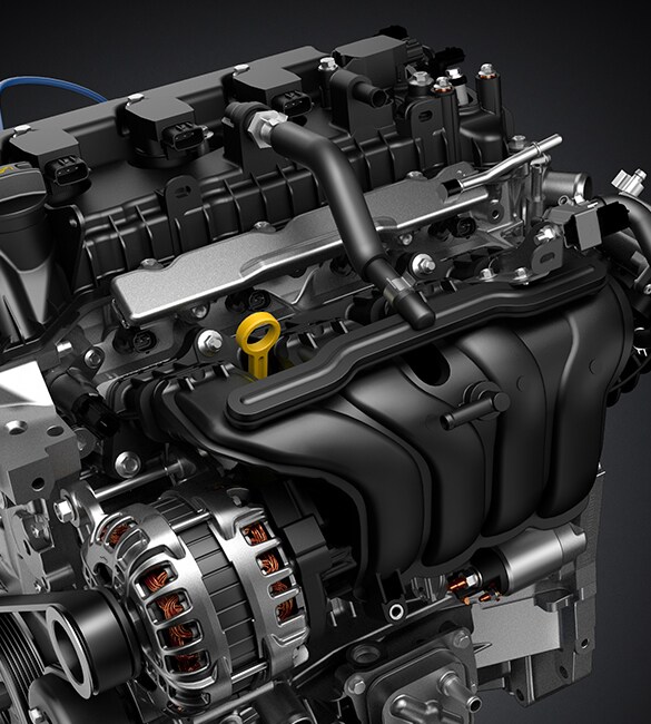 Illustration de la Nissan Versa 2022 montrant le moteur 4 cylindres de 1,6 litre.