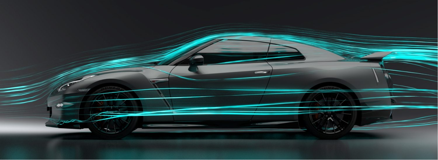 Nissan GT-R 2024 roulant dans un courant d’air bleu pour démontrer sa conception aérodynamique