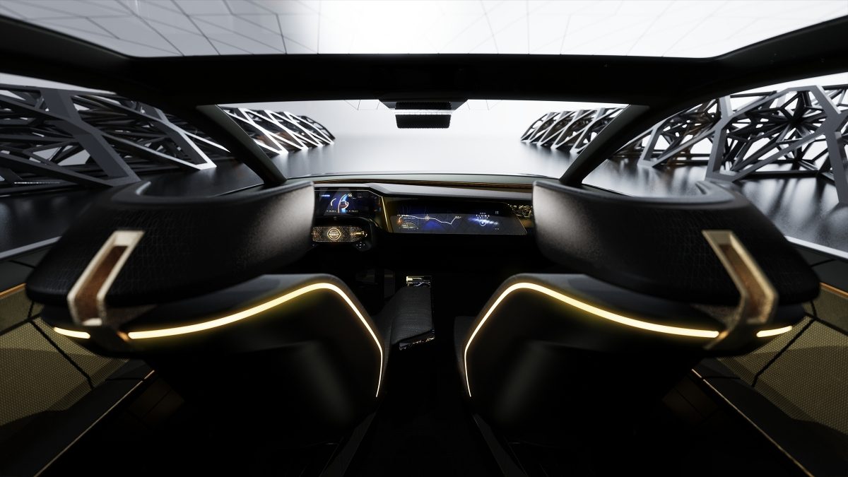 Vue du siège arrière de l’intérieur de la voiture concept IMs de Nissan