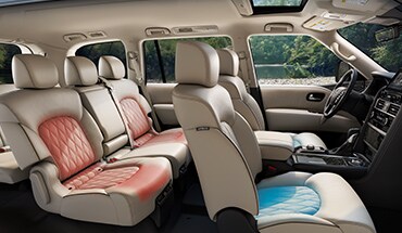Illustration des sièges avant avec réglage de la température et des sièges arrière chauffants du Nissan Armada 2023.