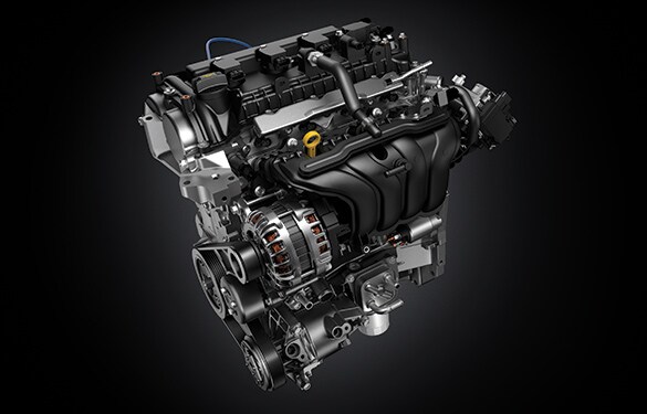 Illustration de la Nissan Versa 2023 montrant le moteur 4 cylindres de 1,6 litre.
