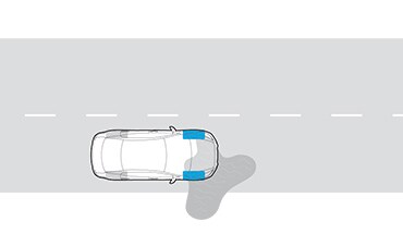 Illustration de la Nissan Versa 2023 montrant le système de traction asservie à l’approche d’une flaque d’eau sur la route.