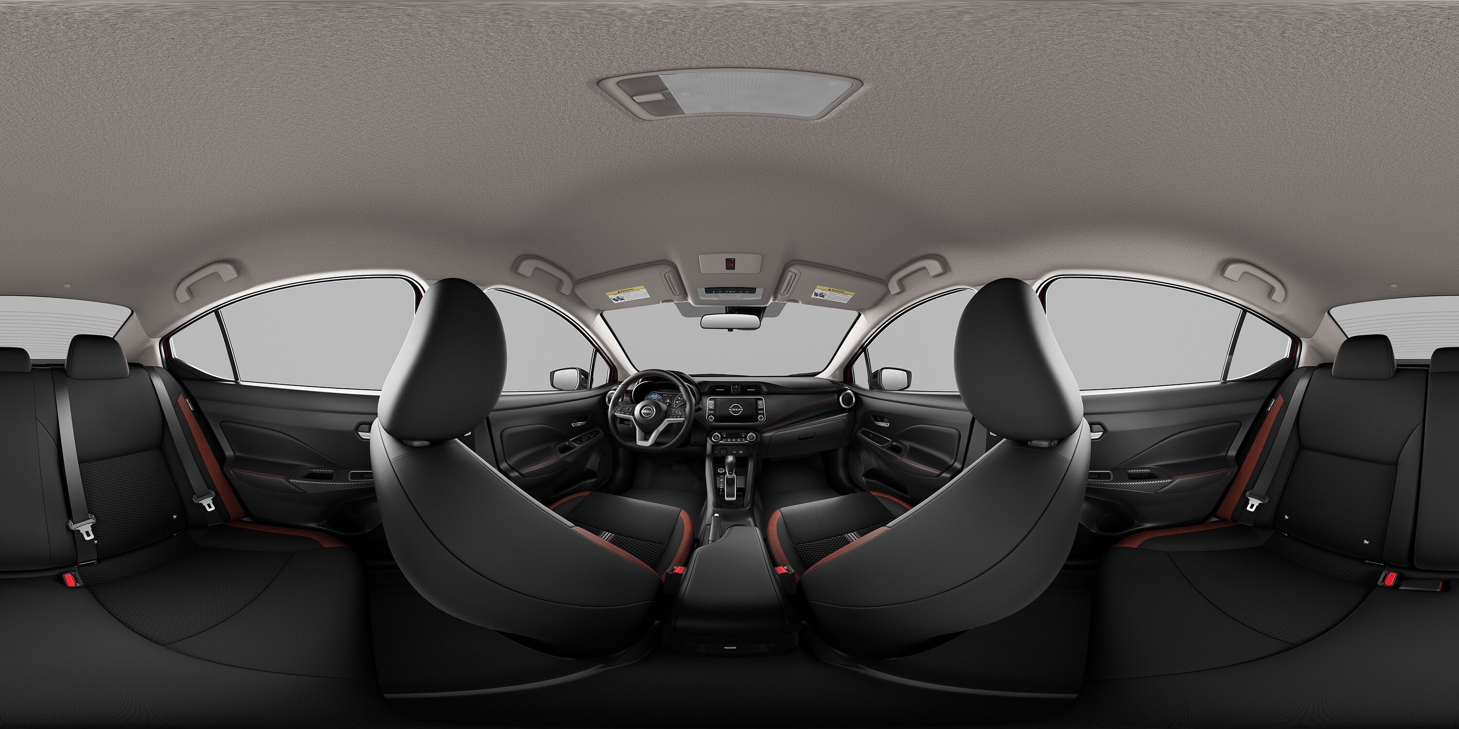 Vue intérieure à 360° de la Nissan Versa 2023 en tissu sport charbon de bois.